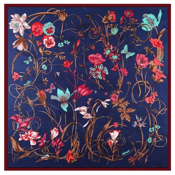 

100% Twill Silk Women Scarf Fashion 130cm EURO Bird Flower Hillside Luxury Brand Silk Scarf Ladies Square Scarves Shawls Wrap