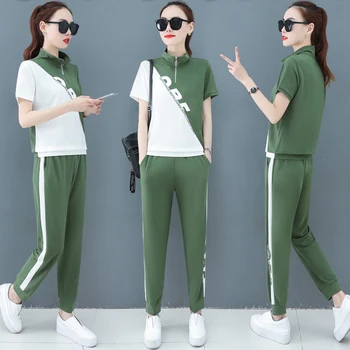 

Summer Sports Two Piece Set Korean 2020 New Stand-up Collar Short Sleeve Contrast Color Casual 2 Piece Set Women Green Red Black