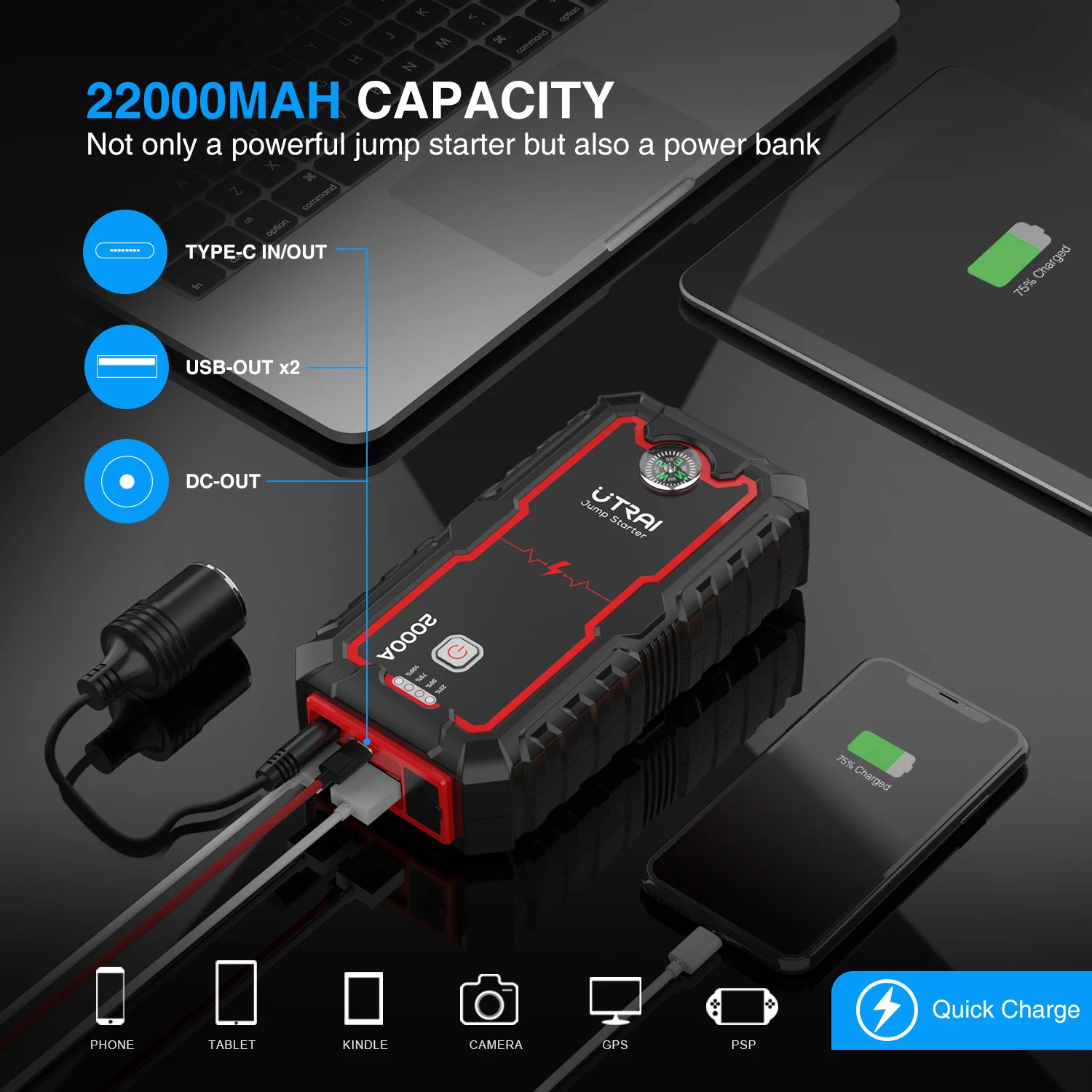  UTRAI Car Jump Starter Portable Emergency Charger Lithium Ion Battery 22000mAh Power Bank Car Boost