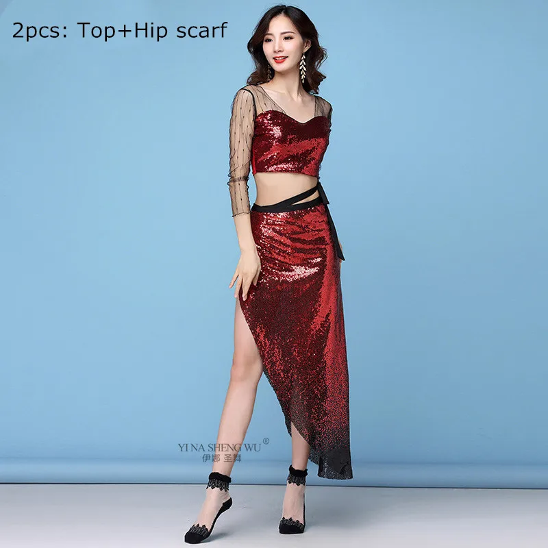 2pcs Red Модный комплект одежды для занятий танцами, Осень-зима, сексуальный сетчатый костюм для танца живота, топ+ юбка, комплект из 2 предметов, Женский комплект для танца живота - Цвет: 2pcs Red
