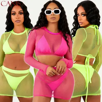 

Women Bikini Cover Up Summer Mesh Crop Top+Bodycon Skirt Swimwear Bathing Suit 2019 Summer Beach wear girls clothes