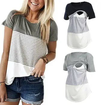 

PUDCOCO Summer Short Sleeve Maternity T-Shirts Nursing Tops Striped Women Breastfeeding Clothes For Pregnant Women