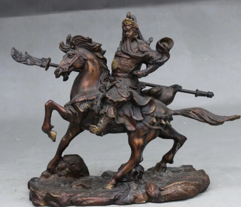 10 &quotКитайский Фэншуй Бронзовый Guan Gong Yu воин Бог держать нож статуя Верховая езда