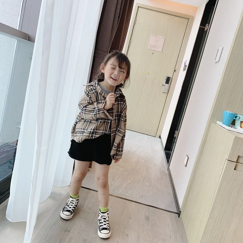 Cong Little Sister/ осенняя одежда новая стильная детская рубашка в клетку с длинными рукавами рубашка для мальчиков и девочек осенние Топы в Корейском стиле
