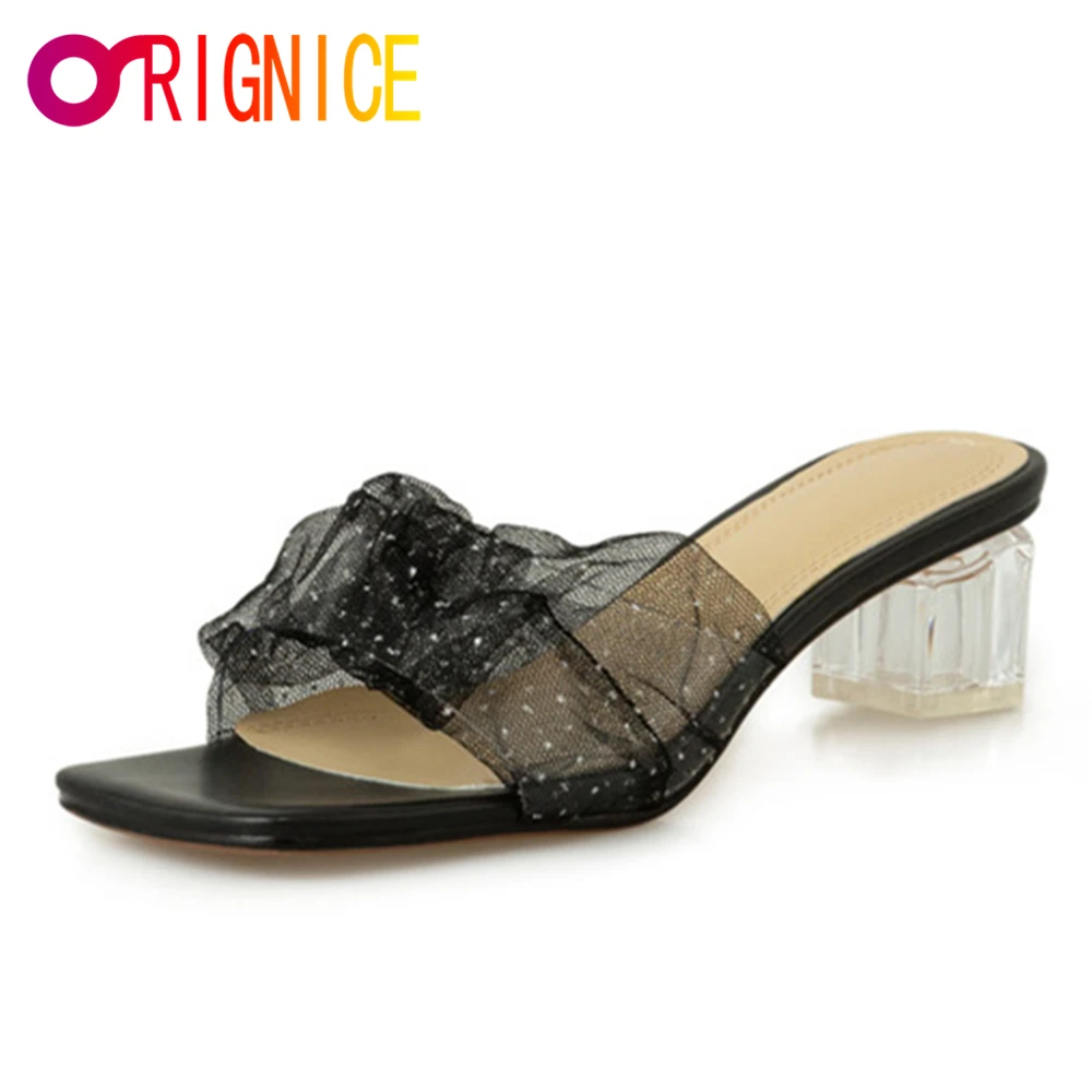 

Orignice 2021 New Summer Women Mid heel Slide Sandals Black Bling Polka Dot Air mesh Outside Slippers Fashion Square Toe Shoes