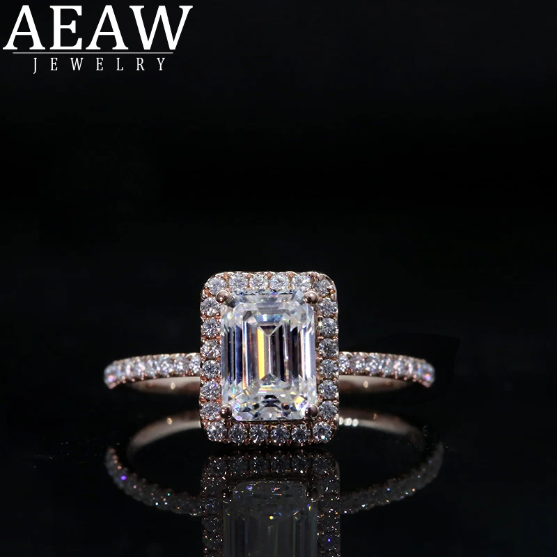 

AEAW 1.0ct White Emerald Cut Moissanite Stone Rings For Women 10k 14k White Gold Rose Gold Romantic Wedding Engagement Rings