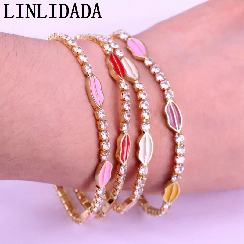 12 шт. позолоченный Модный Красочный Эмаль губы талисман с прозрачными CZ теннисные цепи браслет модные женские Девушки Ювелирные изделия