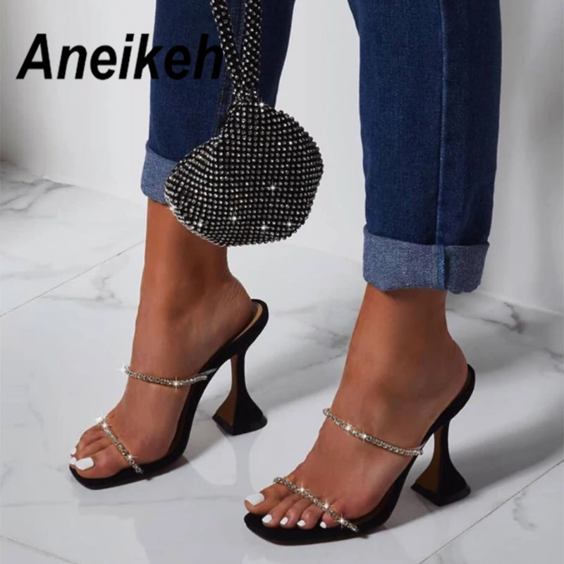 

Aneikeh Glitter Rhinestone Clear PVC Transparent High Heel Slippers Summer Fashion Slip On Round heel Slides Women Mules Pumps