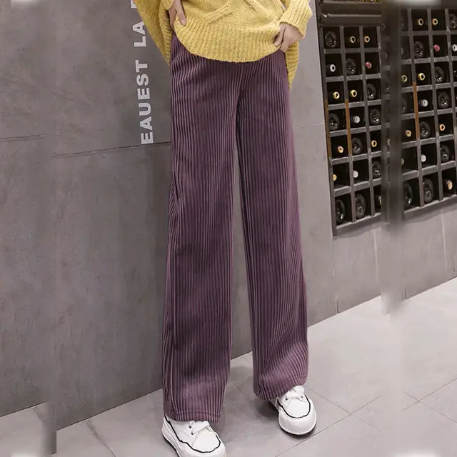 Pregnancy Abdominal Corduroy Pants Boyfriend Trousers Maternity Pants For Pregnant Women Clothes High Waist Trousers Loose Pants Violet
