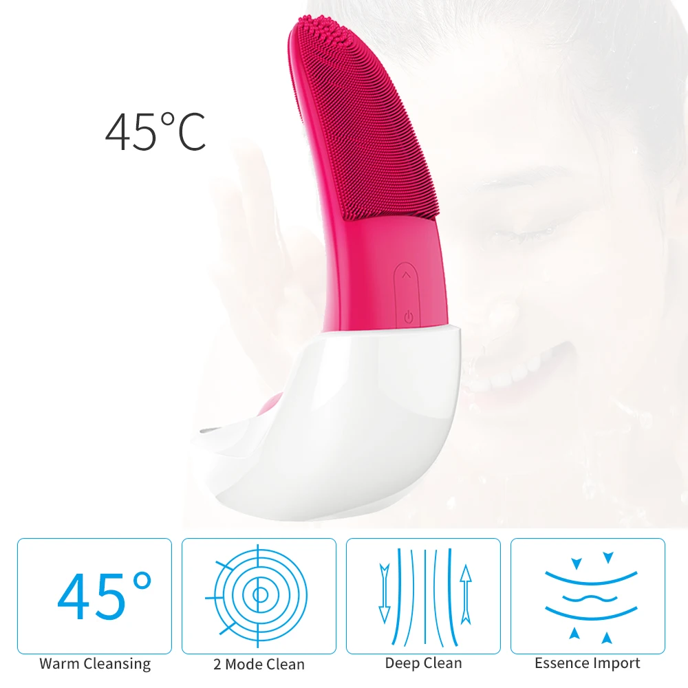 

Warm Electric Ultrasonic Facial Cleaning Brush Sonic Vibration Facial Exfoliating Waterproof Massager Silicone brush Moon Shape