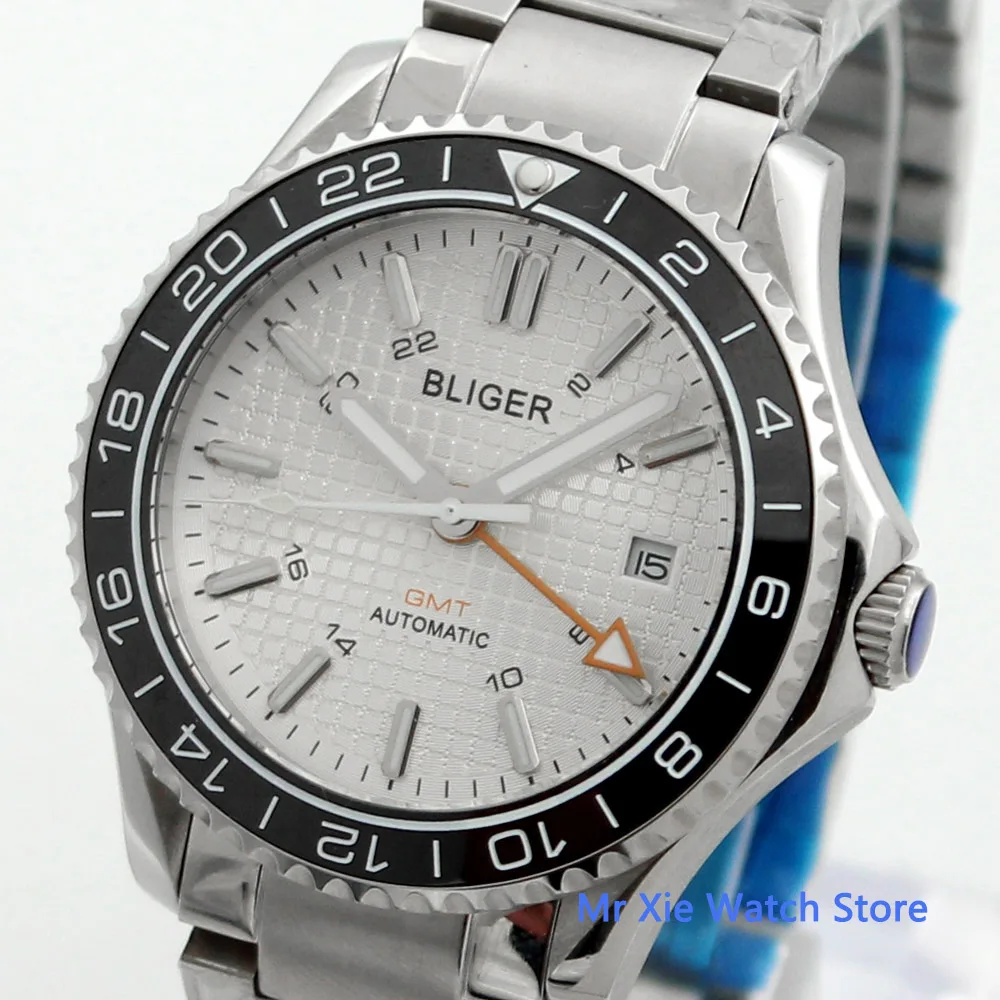 

Bliger 41mm White Dial Mens Autometic Watch Date Window Luminous Waterproof Sapphire Glass Mechanical GMT Watch