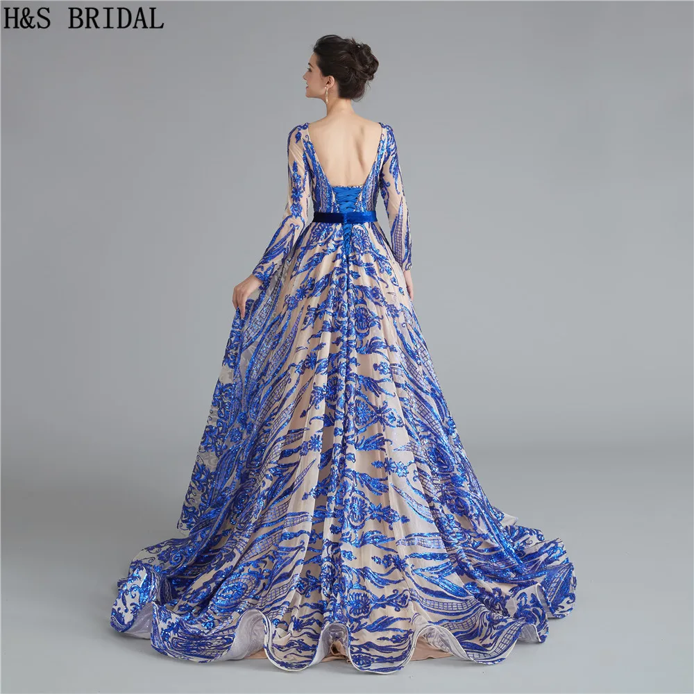 prom gowns Royal Blue Long Sleeves Prom Dresses Sequins dress prom Backless prom dresses 2019 evening gowns robe de soiree formal dress beautiful prom dresses