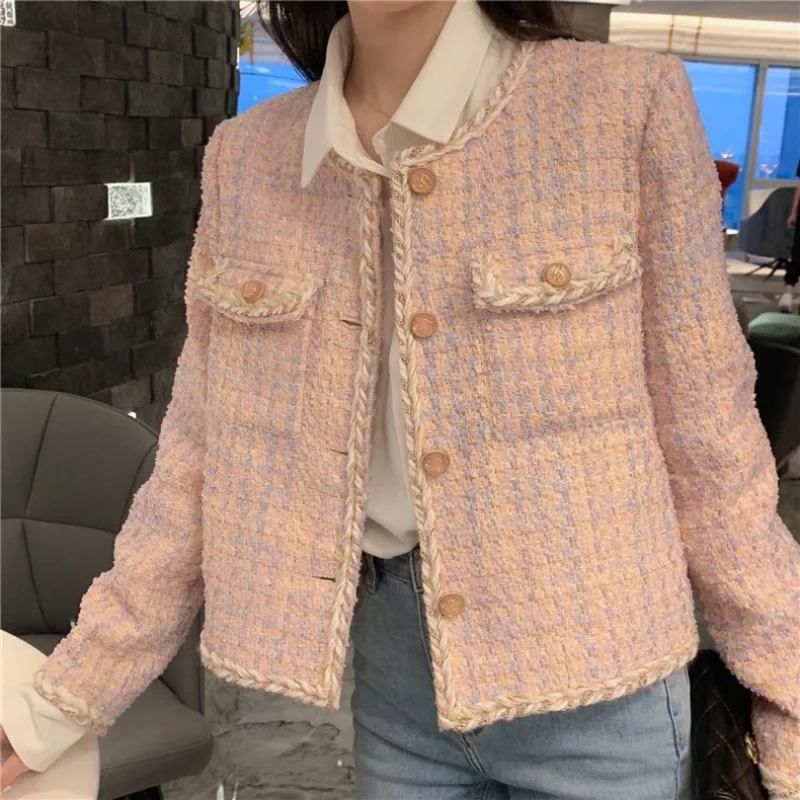 

High Quality 2020 Fall Winter Women Single-Breasted Tweed Jacket Female Elegant Korean Chic Short Woolen Coat Slim Plaid Outwear