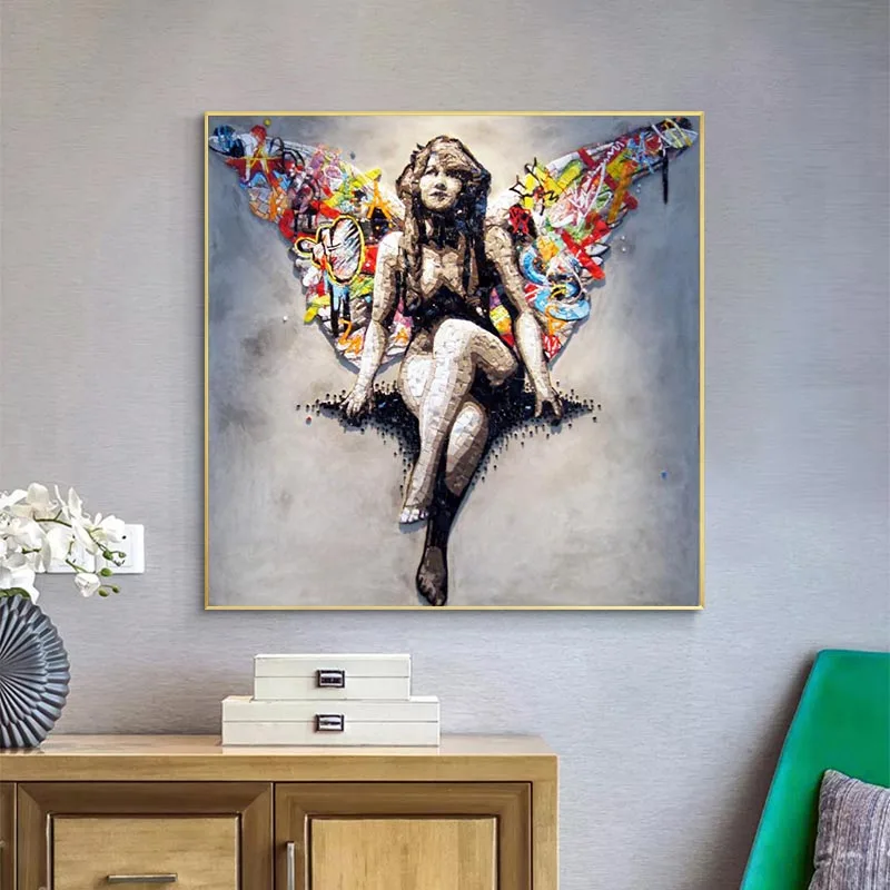 The Girl with The Wings on Canvas Paintings Graffiti Street Art  Poster Graffiti Art Cuadros Wall Art Pictures for Home Decor