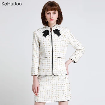 

KoHuiJoo Women Two Piece Set Ladies Plaid Zipper Tweed Jacket + Skirt Sets Elegant High Street Fashion Clothing Sets 2 Pieces