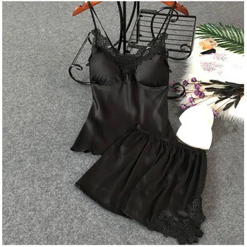 

Pajamas for Women Lace Pajamas Sexy Pajamas Silk Sleepwear Sets Satin Pajamas 2 Piece Sleep Set 2020 New Black Pajamas Plus Size