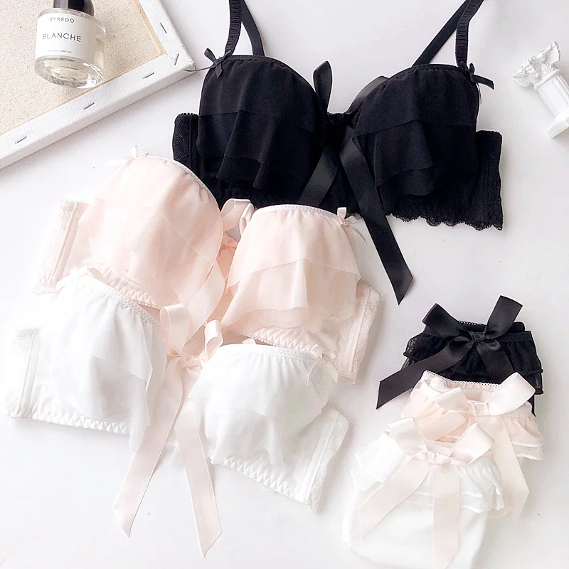 Wriufred Mesh Dream Fairy Gathered Bra and Panties Wire Free Lingerie Set Chiffon Teenage Bow Bralette Underwear Sets