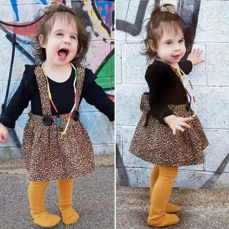 

Newborn Infant Baby Girl 0-24M Clothes Long Sleeve Romper Leopard Bib Skirt Outfit Set
