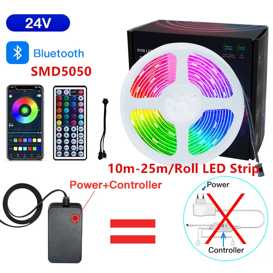 10M-50M светодиодные светильники Bluetooth RGB ленты диода 24V SMD 5050 GESTOON LED свет для