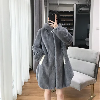 grey Copenheng норковая Женская длинная Шуба с капюшоном, Зимняя Толстая теплая Женская норковая шуба - Цвет: grey