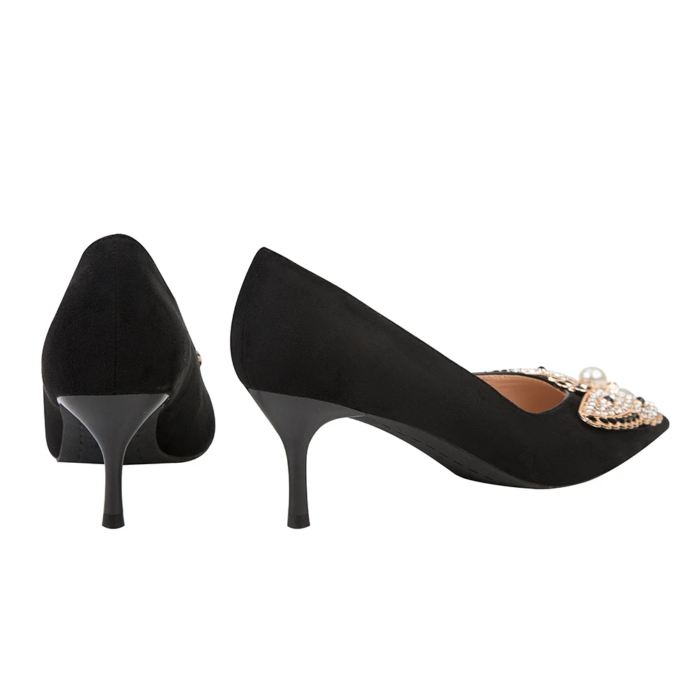 Women High Heels Suede Pumps Woman Shoes Butterfly Metal Decoration Branded Summer Luxury Microfiber Party Wedding Shoes 2022