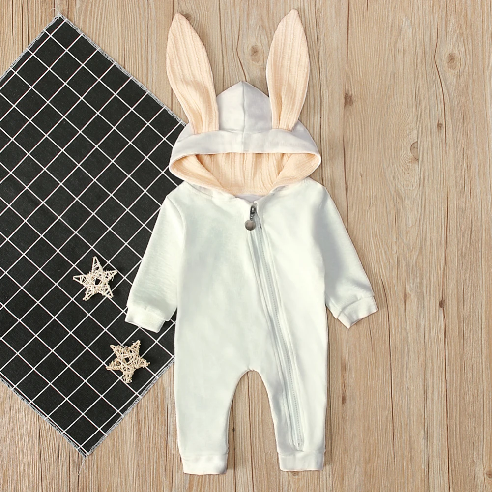 Коллекция года, осенне-зимний комбинезон для новорожденных Милая однотонная одежда с капюшоном для маленьких мальчиков и девочек, комбинезон с длинными рукавами и ушками