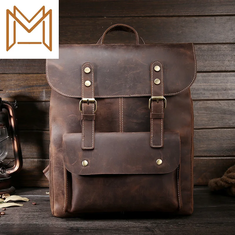 

Man Both Shoulders Package Crazy Horsehide Backpack Bag Genuine Leather Cowhide Leisure Time Male Package Computer Package