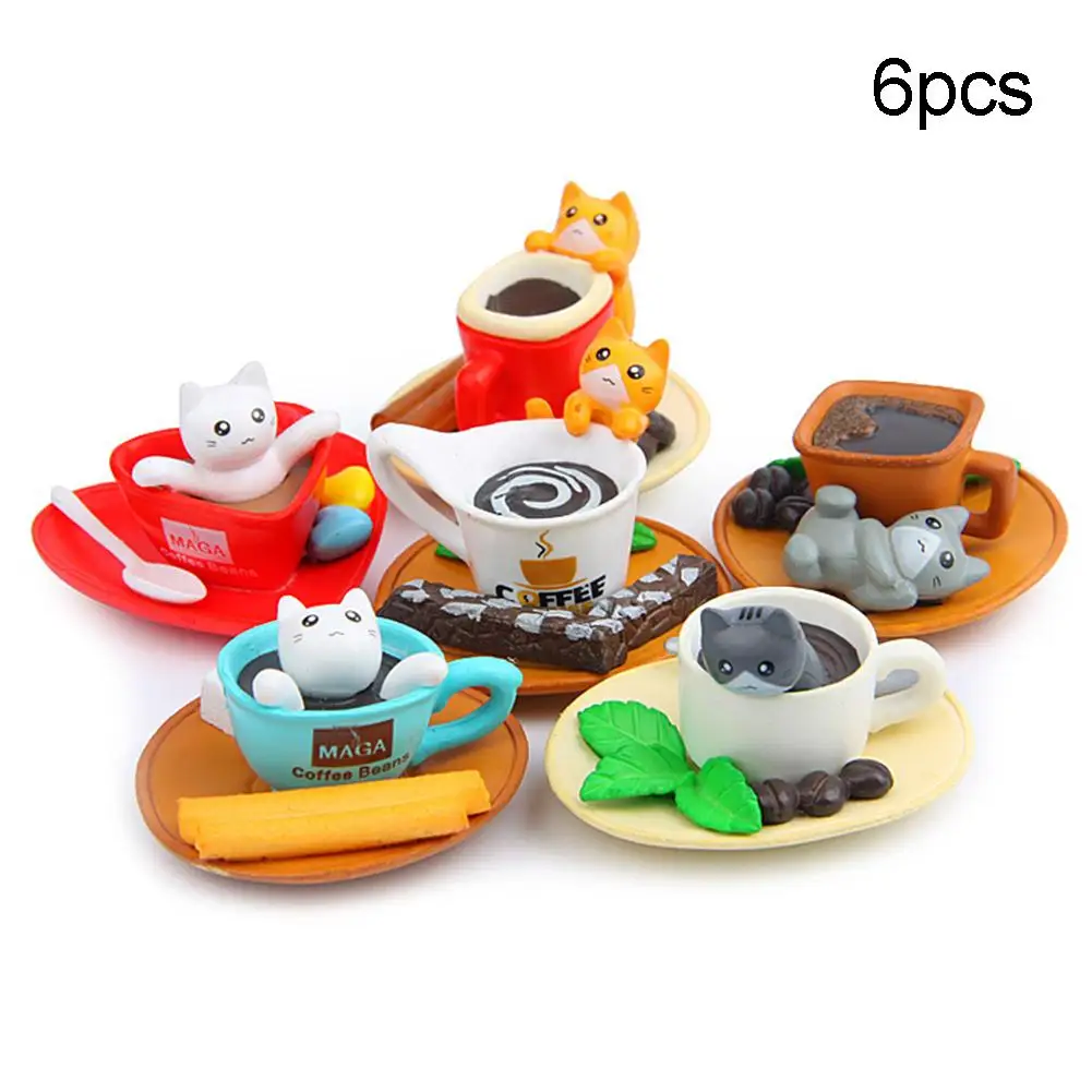 

6Pcs/Set Coffee Cup Toast Cats Figurines Crafts Miniature Fairy Garden Decor DIY landscape decoration non-toxic cat design
