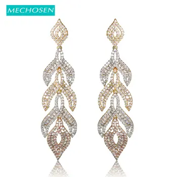 

MECHOSEN Fashion Leaves Shape Stud Earrings For Women 3 Tones Color Cubic Zirconia Brincos Wedding Party Ears Decoration Bijoux