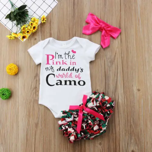 

Newborn Baby Girls Clothes I'm The Pink in My Daddy's World of Camo Rompers+Ruffel Pants Shorts+Headband 3PCS Outfits Set