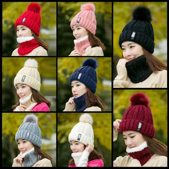 

New Winter Hat Scarf Set For Ladies Girls Fashion Cotton Warm Pom Poms Hat + Scarf 8 Color Cute Women Hat Scarf Set