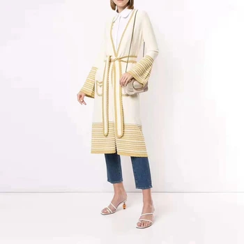 

2019 New Women Bandage Long Coat Yellow With Whit Patchwork Belt Jackets Autumn Winter Warm Long Sleeve Casual Fashion Festa