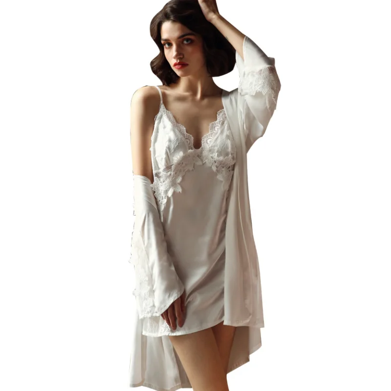 

Fashion Women's Lace Silk Robes 2020 New Two-Pieces Ladies Thin Sexy Sleepdress Nightgown Home Pajamas Summer Халат женский