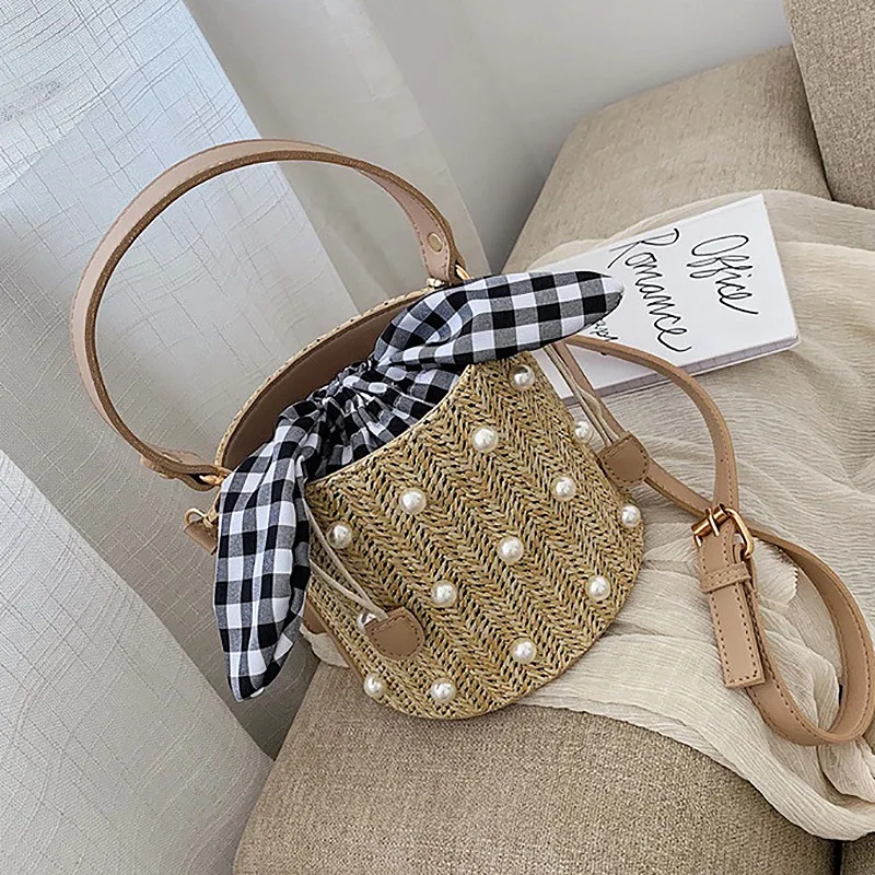 

Summer Round Rattan Handmade Bag Bohemian Leisure Straw Bag Bucket Knitting Shoulder Crossbody Beads Beach Bag