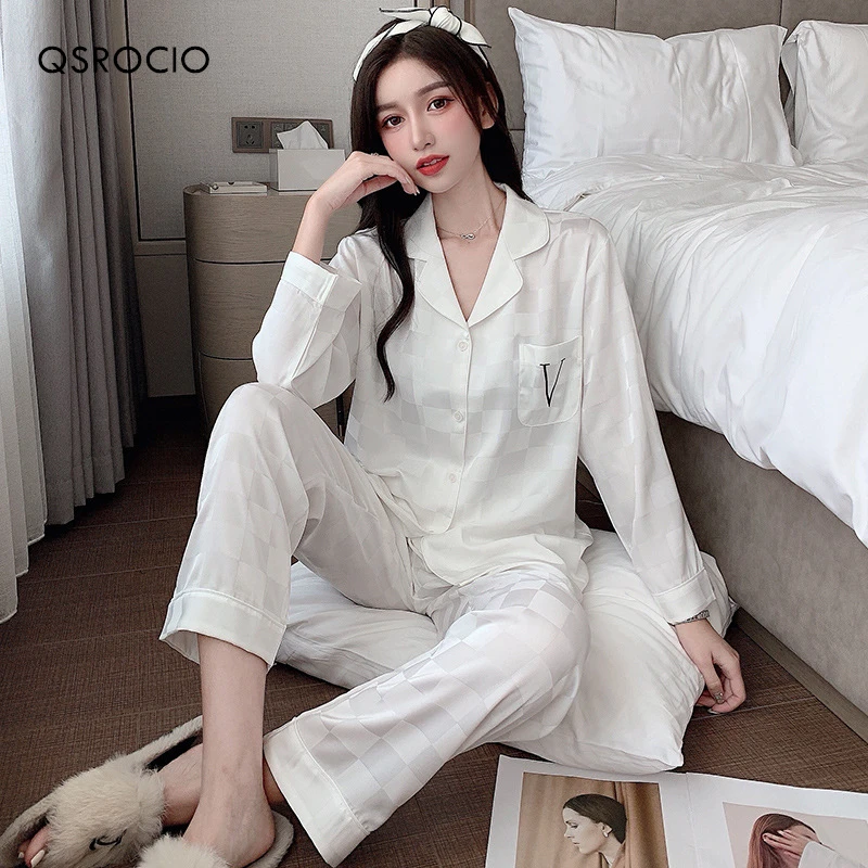 New Women's Pajamas Fashion Luxury Letter Jacquard Lattice Sleepwear Silk  Like Nightwear V-neck Homewear Pyjamas Femme - AliExpress