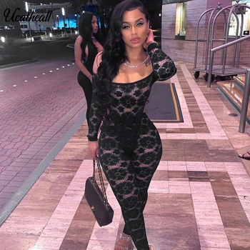 

Mesh See Through Printed Sexy Bodysuit + Pants Two Piece Female Set Fashion Elasticity Rompers Hollow Out Mujer