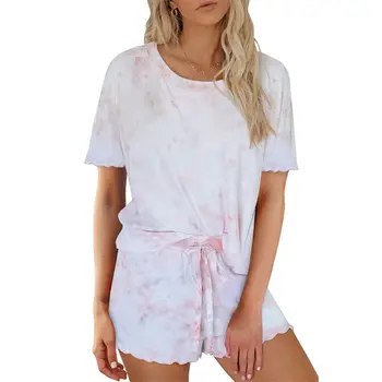 

Women Summer 2 Piece Pajamas Set Gradient Tie-Dye Short Sleeve Sleepwear Ruffles Drawstring Loungewear Streetwear S-3XL