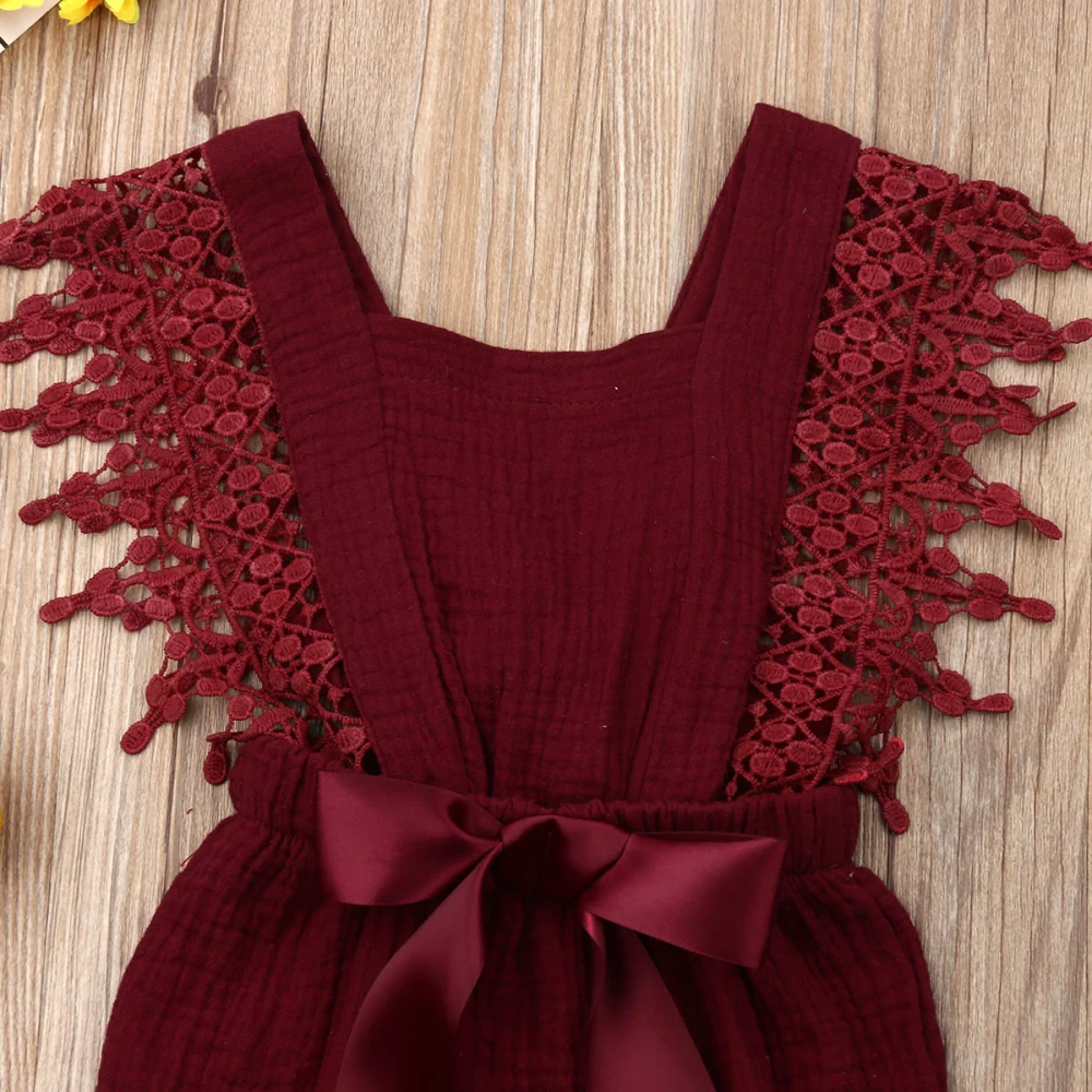 Новинка, 0-24 месяца, Новорожденные Девочки Малыши, одежда, летнее гофрированное боди с короткими рукавами, кружевной льняной хлопковый комбинезон, бант на боди, одежда