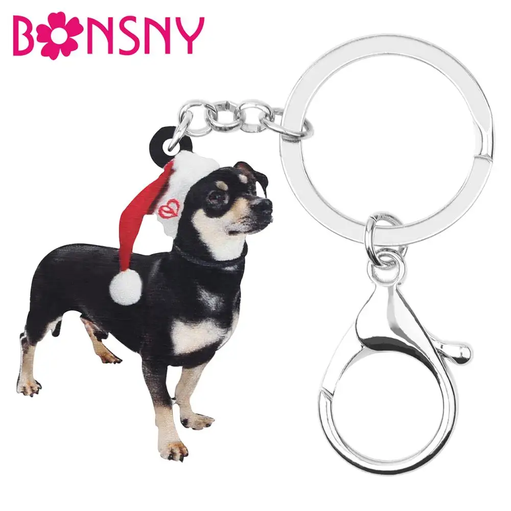 

Bonsny Acrylic Christmas Hat Chihuahua Dog Key chain Animal Key Rings Bag Car Purse Decoration Accessory For Women Girl men Gift