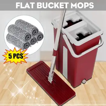 

360° Rotation Lazy Flat Squeeze Mop Bucket with Microfiber Pads Replacement Handsfree Floor Cleaning Mop Wet/Dry Usage