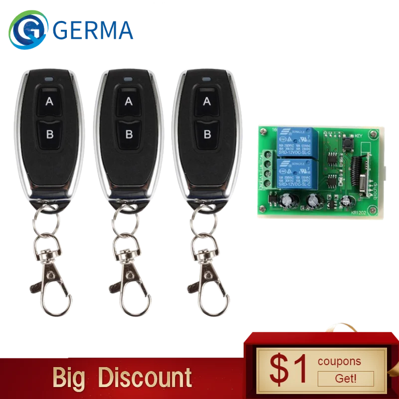 

GERMA 433Mhz Universal Wireless Remote Control Switch DC 12V 2CH RF Relay Receiver Module + 2 CH RF 433 Mhz Remote Transmitter