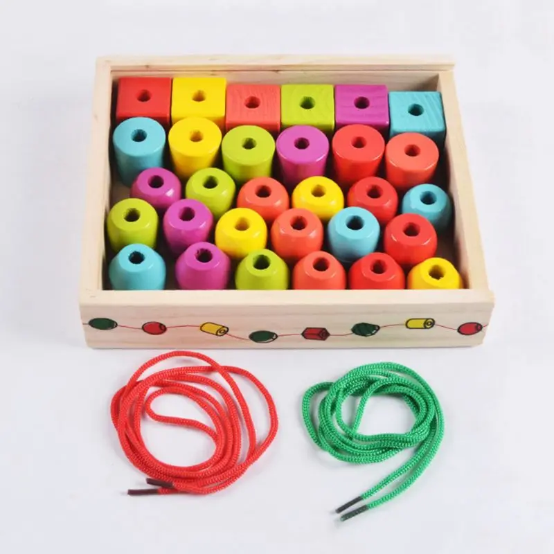 

Geometric Shape Wooden Lacing Beads Kids Montessori Blocks Threading Educational Toy Gift for Children
