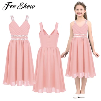 

Kids Girls Princess Dress Shoulder Straps V Neckline Shiny Sequins Rhinestones Chiffon Dress for Birthday Party Summer Dresses