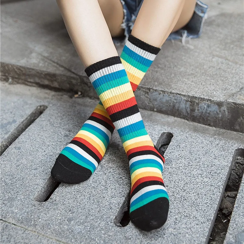 Rainbow Stripes Socks Breathable Casual Elastic Antumn Winter Women Elastic Happy Ankle Socks