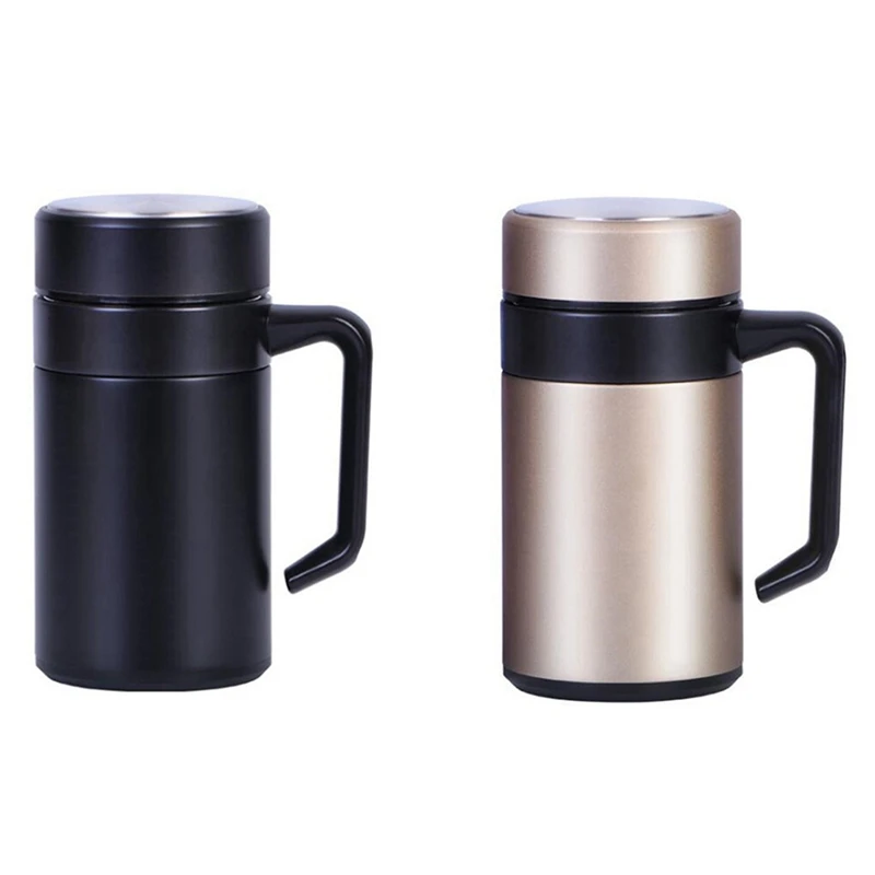 2 Pcs 500ML Thermal Mug Stainless Steel Vacuum Flasks with Handle Thermocup Office Thermoses Black & Gold | Дом и сад