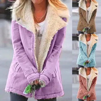 

2020 Women Winter Solid Color Lapel Warm Coat Plush Thick Outerwear Jacket femme veste mujer chaqueta женская куртка