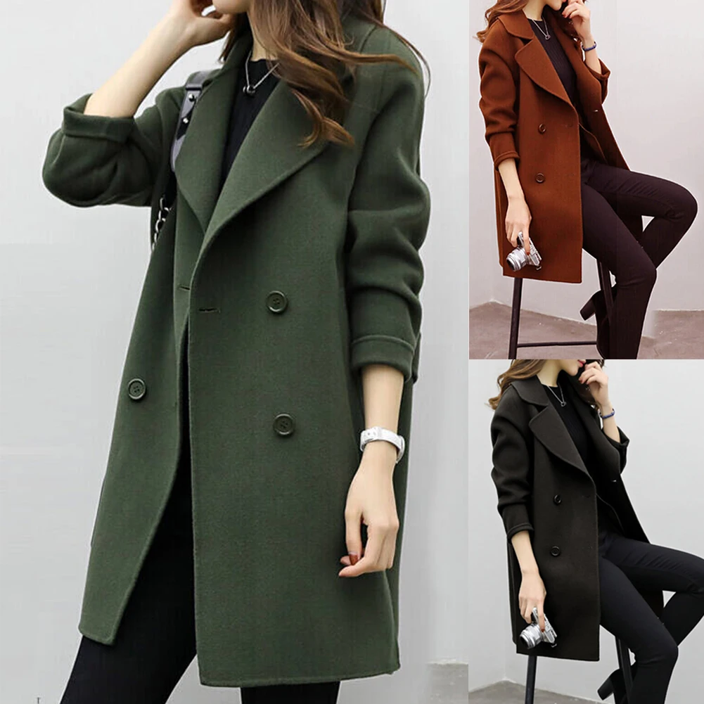 

Women Coat Autumn Winter Thickening Fashion Double Breasted Artificial Wool Warm Slim Fit Daily Long Sleeve Turndown Collar