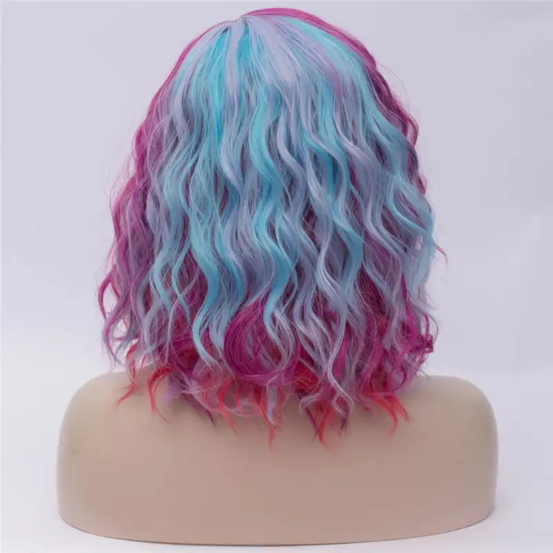 Vicwig Cosplay Wigs Short Curly Hair Yellow Blue Pink Orange Purple Multicolor Mixed Gradient Rainbow Wig Synthetic Hair Synthetic None Lace Wigs Aliexpress