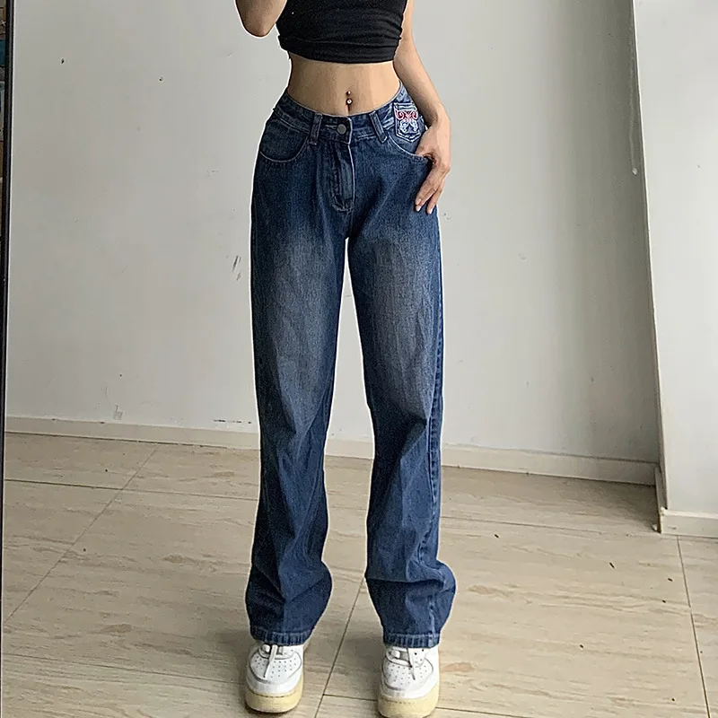 Xingqing Harajuku Jeans a vita media Casual donna Vintage estetica anni '90  pantaloni dritti Capri tasche alla moda coreana pantaloni in Denim|Jeans| -  AliExpress