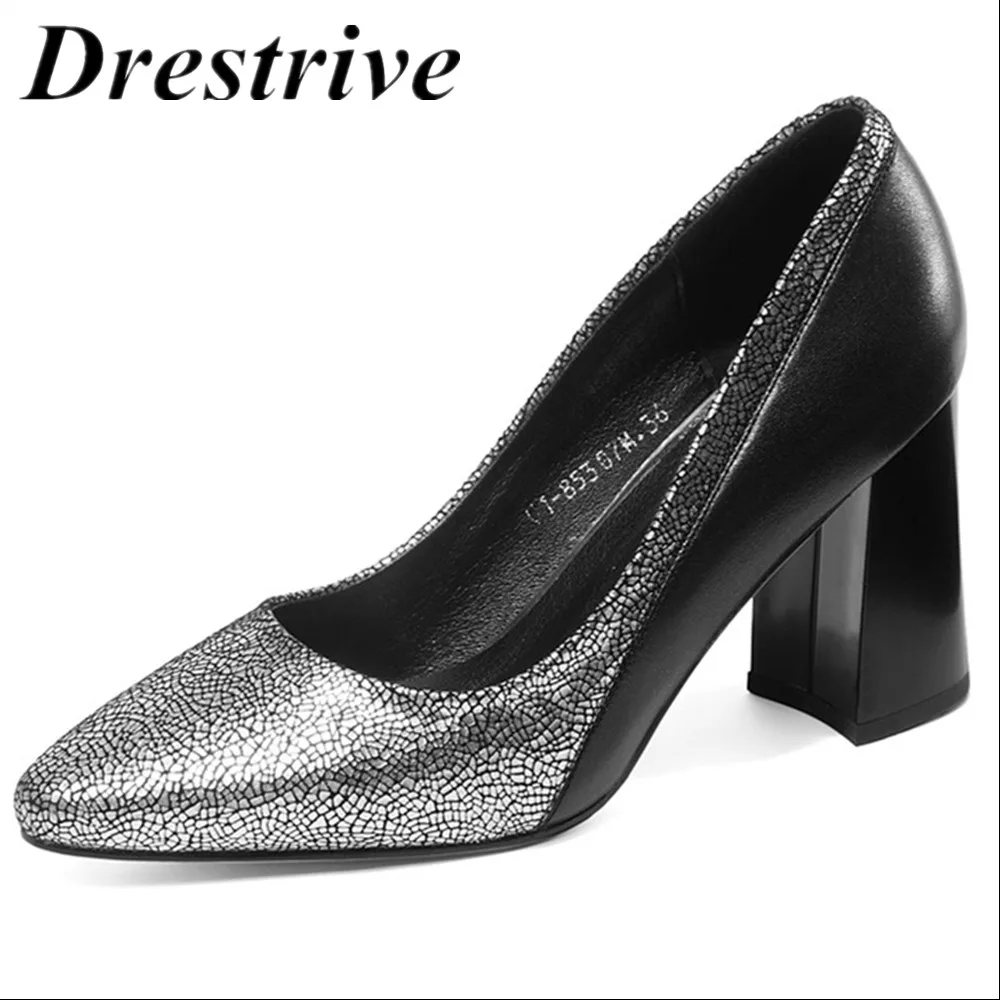 

Drestrive Women Pumps Print Genuine Leather Thick Heel Shallow Fashion Ladies High Heel Shoes Summer Cow Leather Office 2019